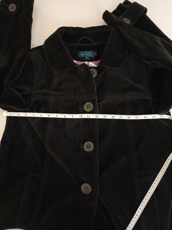 Boden Black Velvet Like Knee-Length Coat w/Purple & White Dot Lining Women’s 14 - Picture 9 of 10